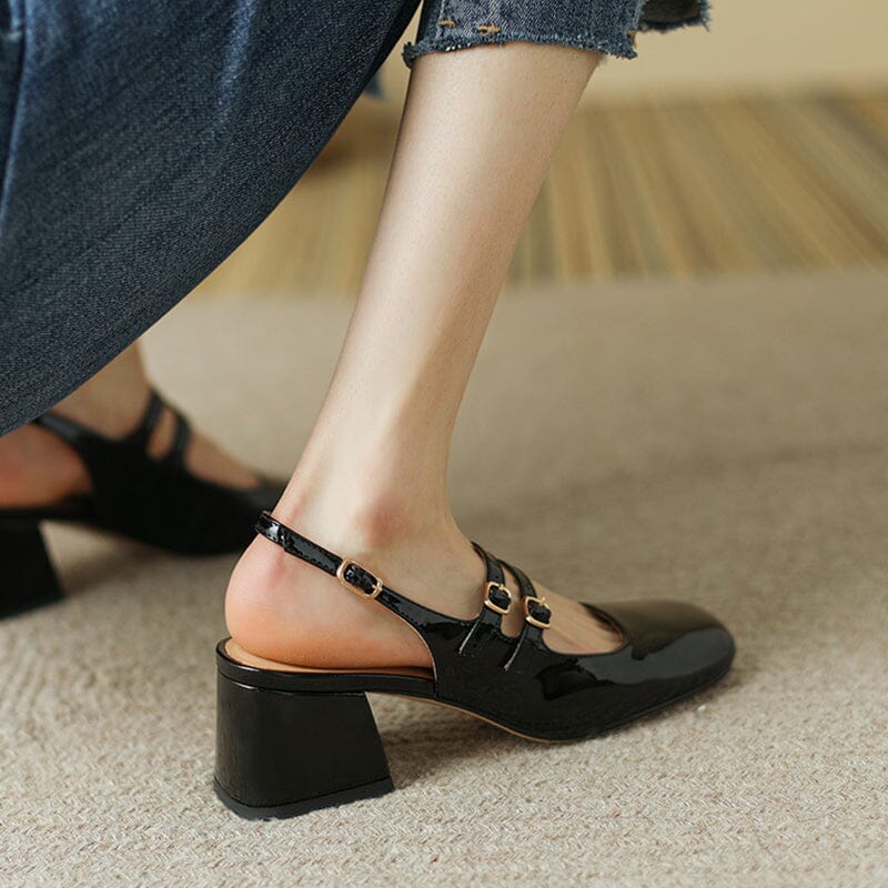 Slingback Leather Mary Jane Pumps Double Strap Block Heel Office Shoes