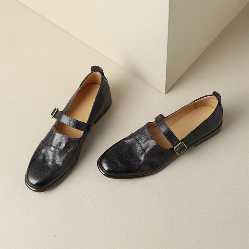 Handmade Leather Mary Jane Flats Ballerina Shoes in Black/Brown