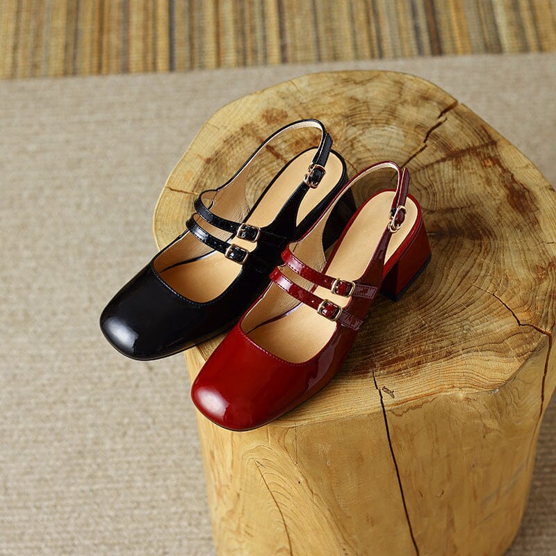 Slingback Leather Mary Jane Pumps Double Strap Block Heel Office Shoes