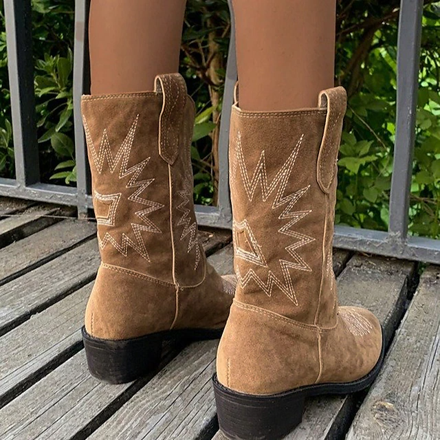 Women's Boots Cowboy Boots Plus Size Cowgirl Boots Outdoor Daily Solid Color Mid Calf Boots Winter Embroidery Block Heel Pointed Toe Vintage Fashion Casual Suede Loafer Black Khaki