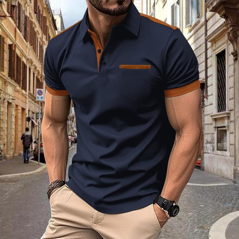 Men's Colorblock Chest Pocket Lapel Short Sleeve Polo Shirt 