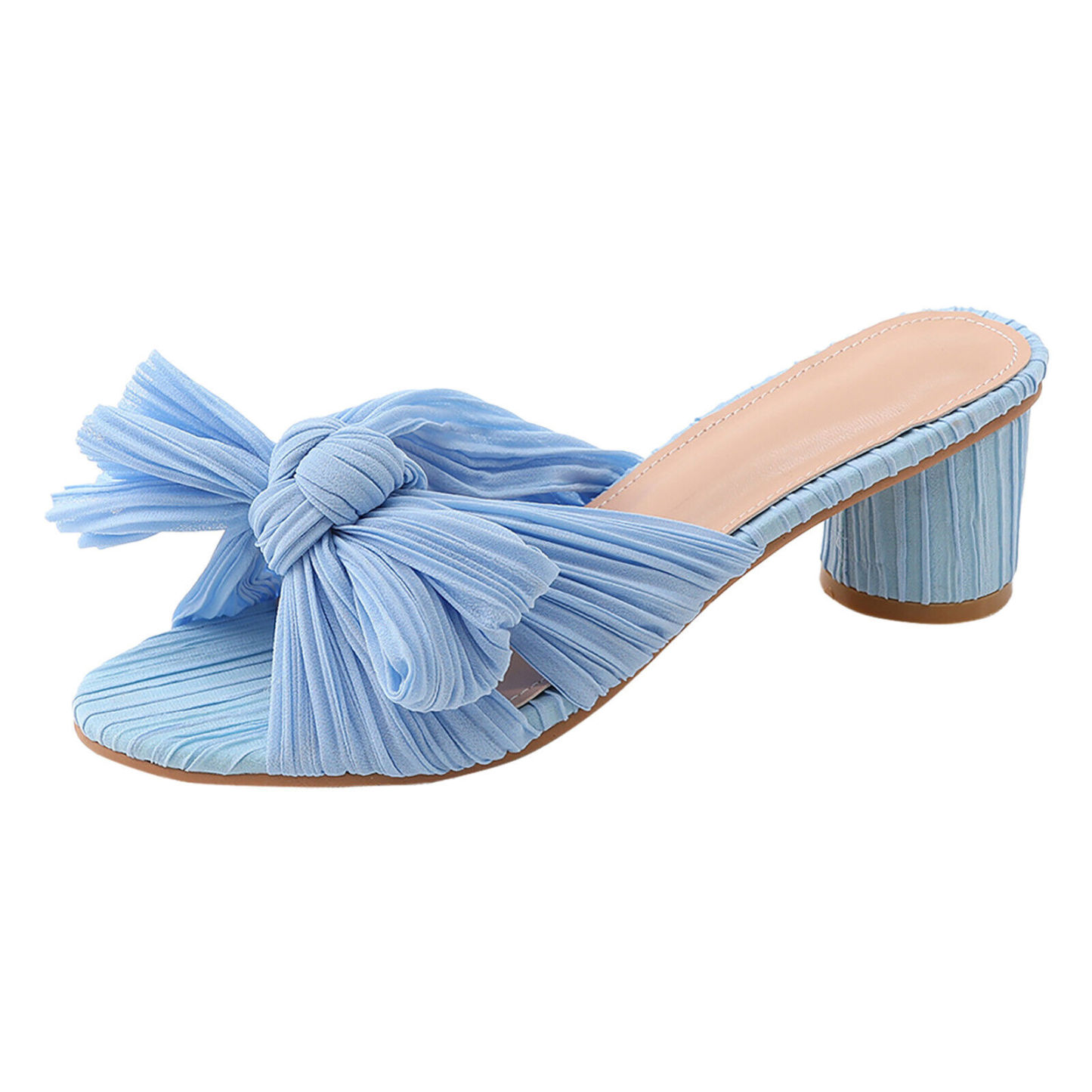 Pleated Bow Open Toe Chunky Block Heel Sandals