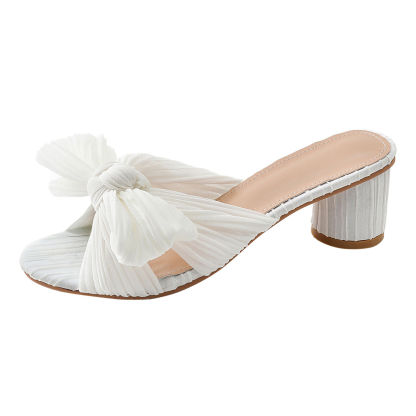 Pleated Bow Open Toe Chunky Block Heel Sandals