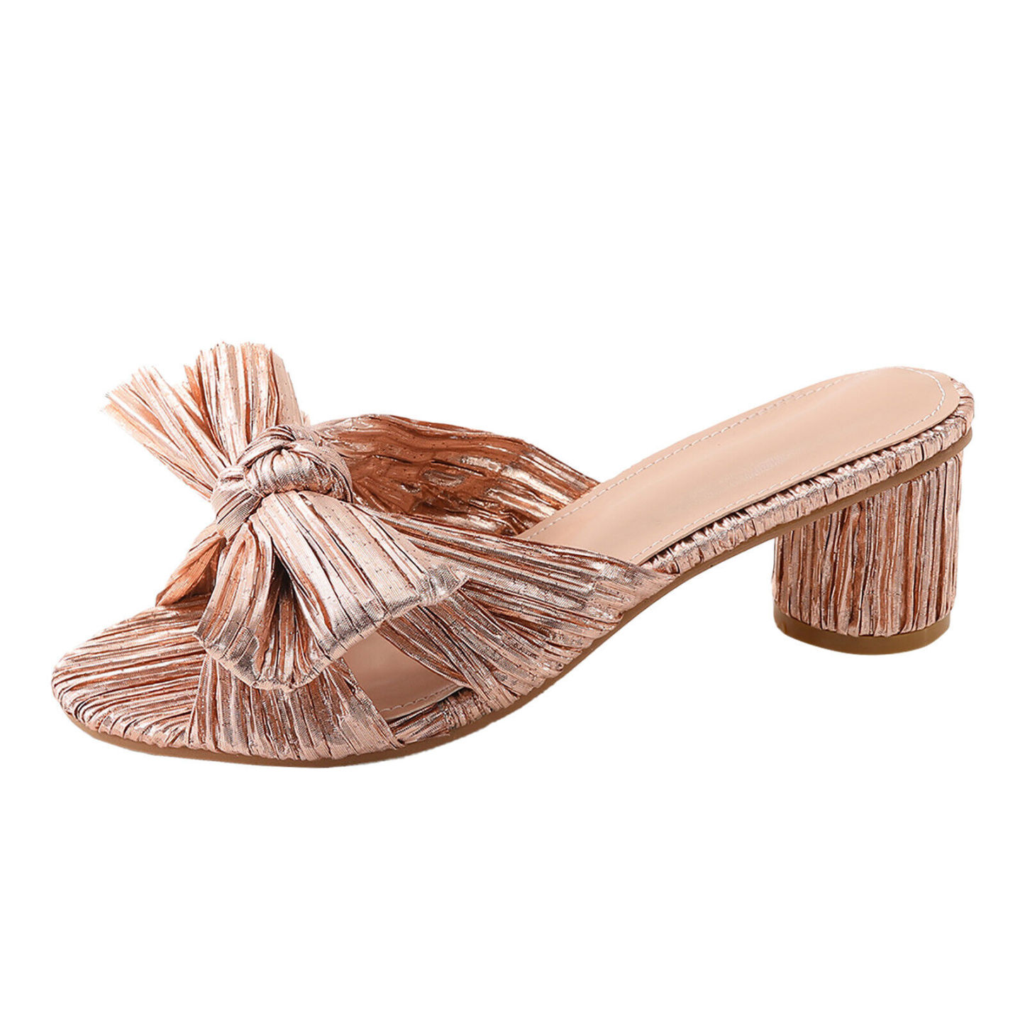 Pleated Bow Open Toe Chunky Block Heel Sandals