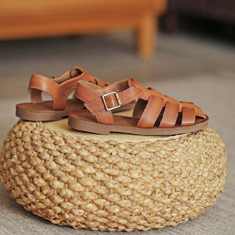Fisherman Shoes Genuine Leather Gladiator Sandals Flat Slingback Side Buckle in Yellow/Beige/Brown