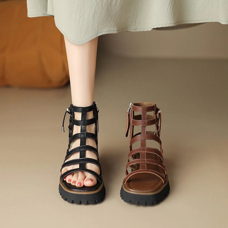 Gladiator Sandals Women Cow Leather Platform Shoes Drawstring Side Zipper Closure Summer Ladies Shoes Handmade