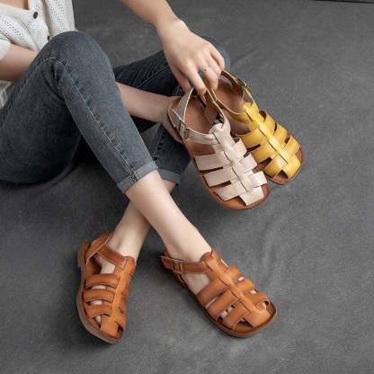 Fisherman Shoes Genuine Leather Gladiator Sandals Flat Slingback Side Buckle in Yellow/Beige/Brown
