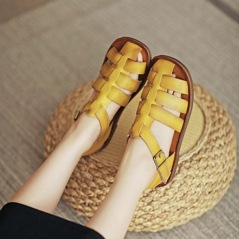 Fisherman Shoes Genuine Leather Gladiator Sandals Flat Slingback Side Buckle in Yellow/Beige/Brown