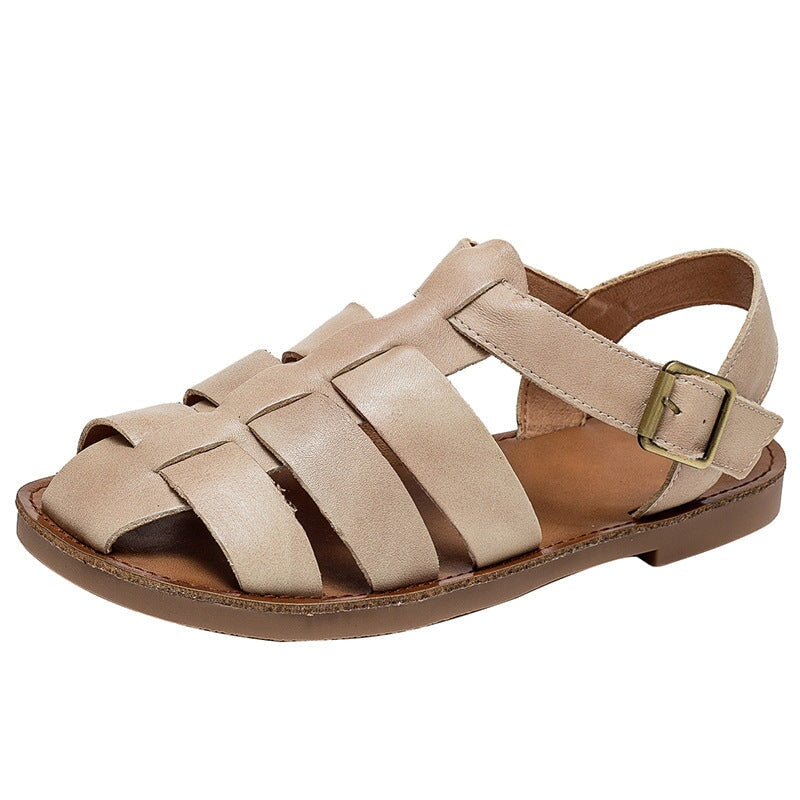 Fisherman Shoes Genuine Leather Gladiator Sandals Flat Slingback Side Buckle in Yellow/Beige/Brown