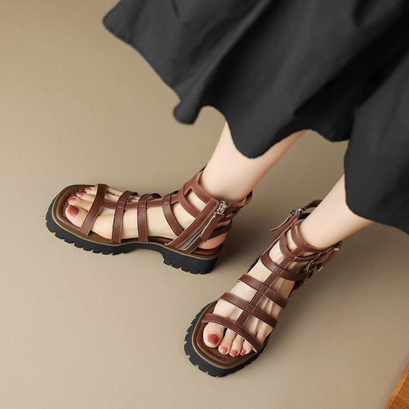 Gladiator Sandals Women Cow Leather Platform Shoes Drawstring Side Zipper Closure Summer Ladies Shoes Handmade