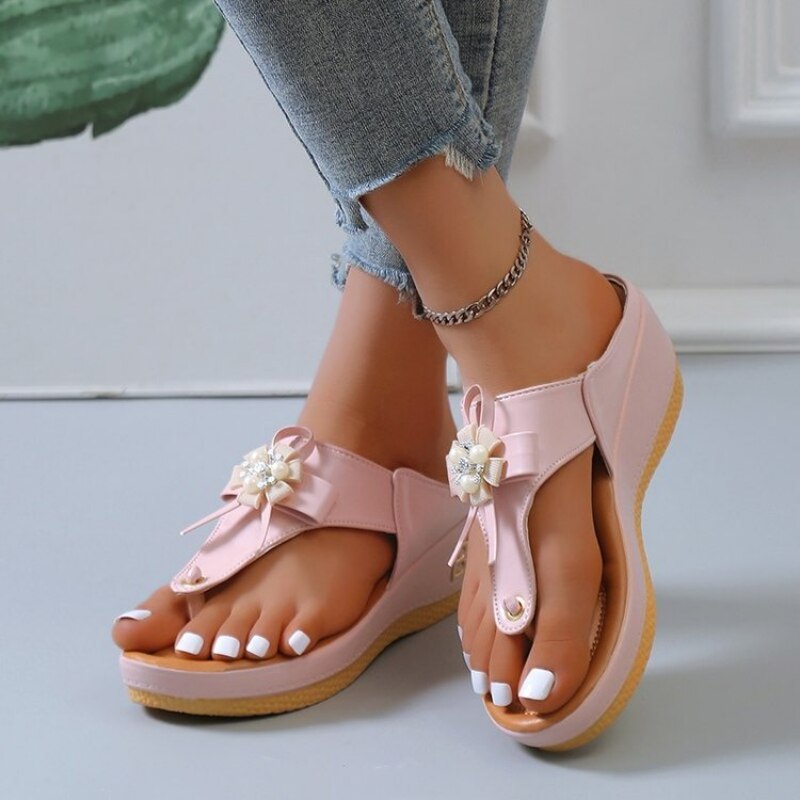 Orthopedic Sandals Women Vintage Flower Rhinestones Flip-flops Extra Comfy Summer Anti-slip Soles