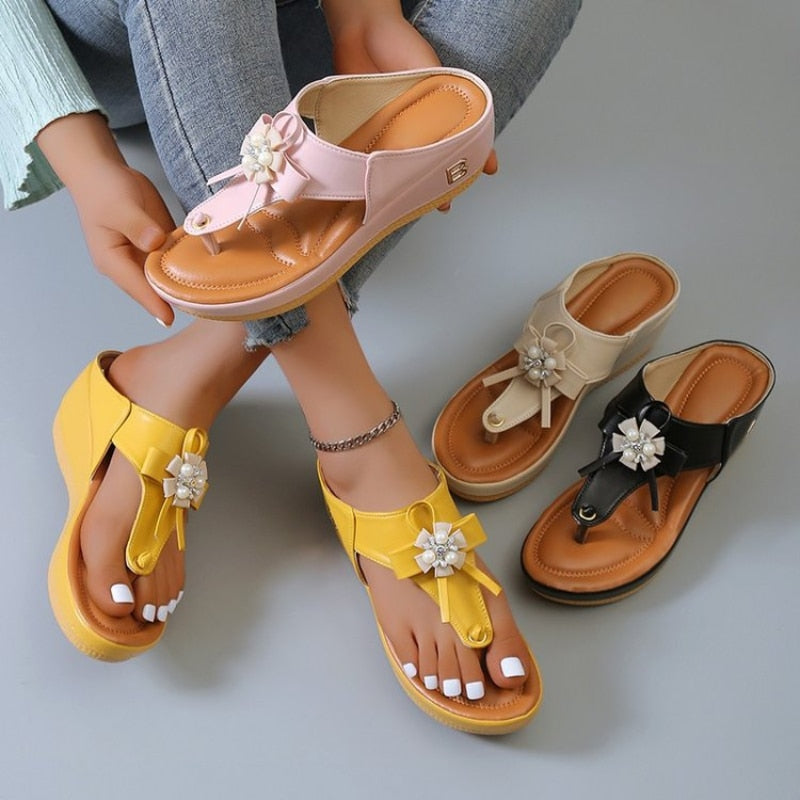Orthopedic Sandals Women Vintage Flower Rhinestones Flip-flops Extra Comfy Summer Anti-slip Soles