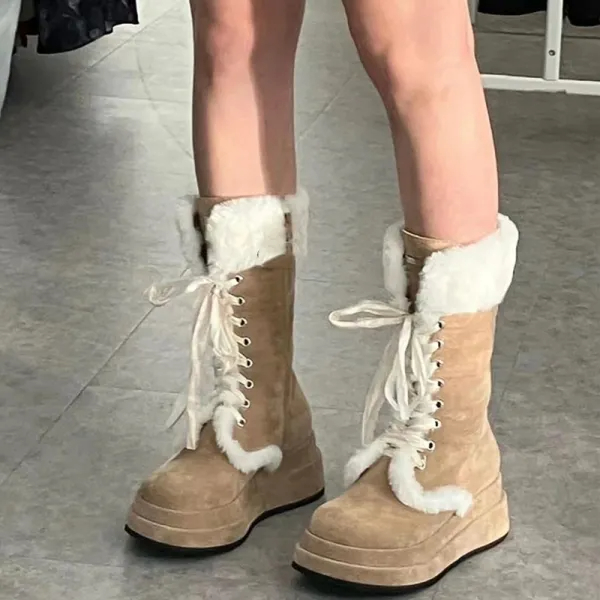 Vintage / Retro Tan Suede Street Wear Flat Winter Snow Boots 2024 Round Toe Womens Boots