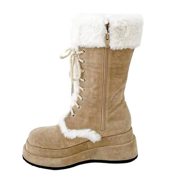 Vintage / Retro Tan Suede Street Wear Flat Winter Snow Boots 2024 Round Toe Womens Boots