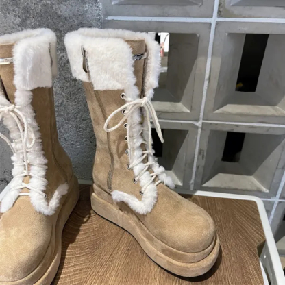 Vintage / Retro Tan Suede Street Wear Flat Winter Snow Boots 2024 Round Toe Womens Boots
