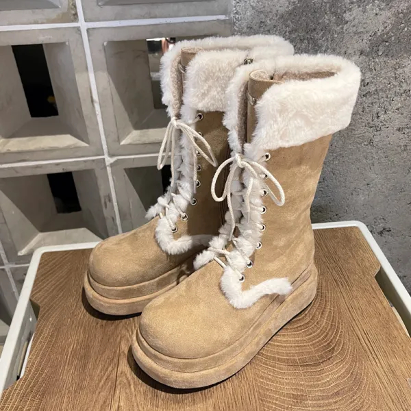 Vintage / Retro Tan Suede Street Wear Flat Winter Snow Boots 2024 Round Toe Womens Boots