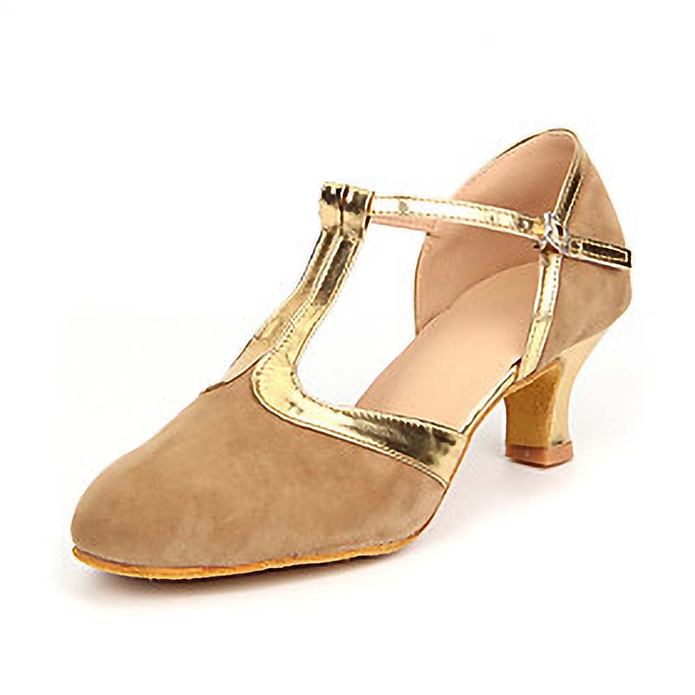 Women's Ballroom Dance Shoes Modern Dance Shoes Line Dance Outdoor Suede Shoes Heel Splicing Cuban Heel Buckle T-Strap Black and Gold Brown Royal Blue 2024 - GBP &pound;33 &ndash;P3