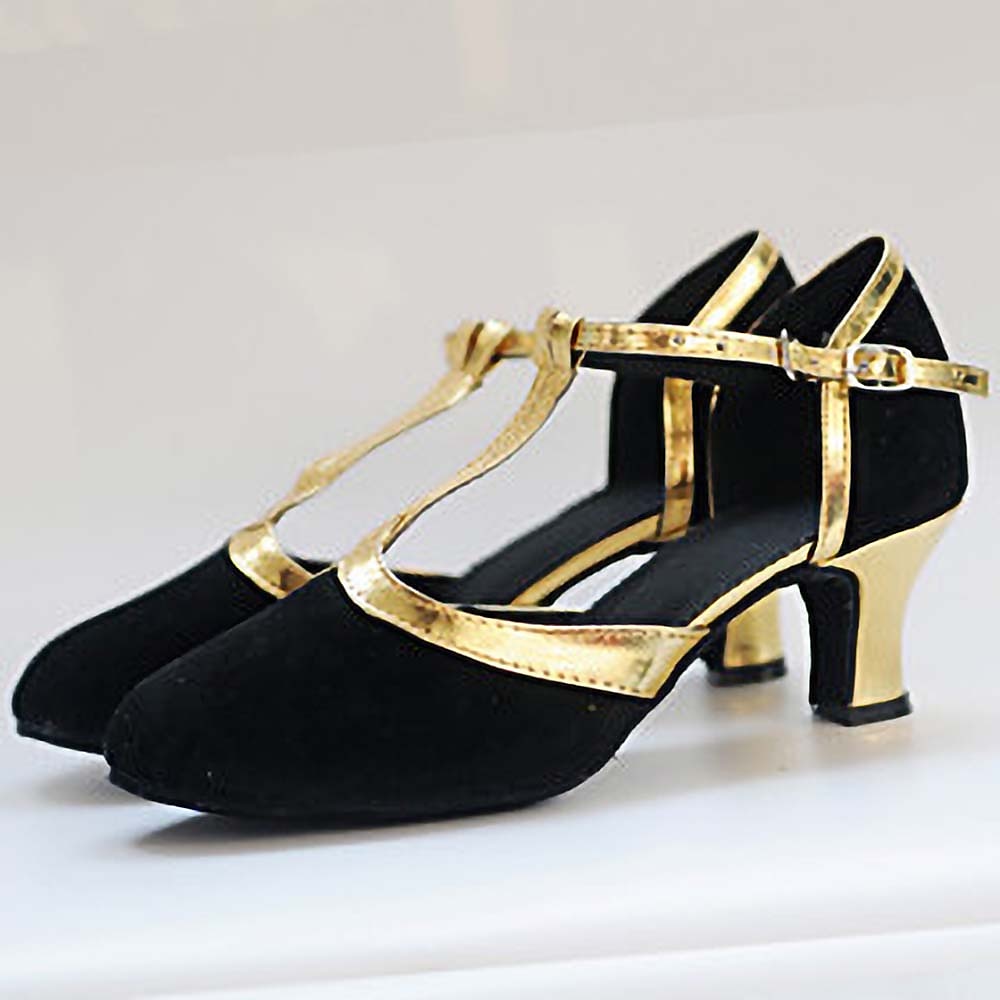 Women's Ballroom Dance Shoes Modern Dance Shoes Line Dance Outdoor Suede Shoes Heel Splicing Cuban Heel Buckle T-Strap Black and Gold Brown Royal Blue 2024 - GBP &pound;33 &ndash;P2