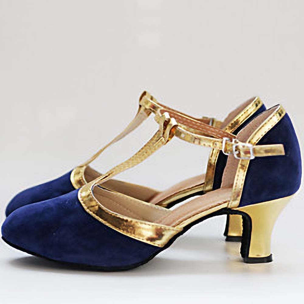 Women's Ballroom Dance Shoes Modern Dance Shoes Line Dance Outdoor Suede Shoes Heel Splicing Cuban Heel Buckle T-Strap Black and Gold Brown Royal Blue 2024 - GBP &pound;33 &ndash;P1
