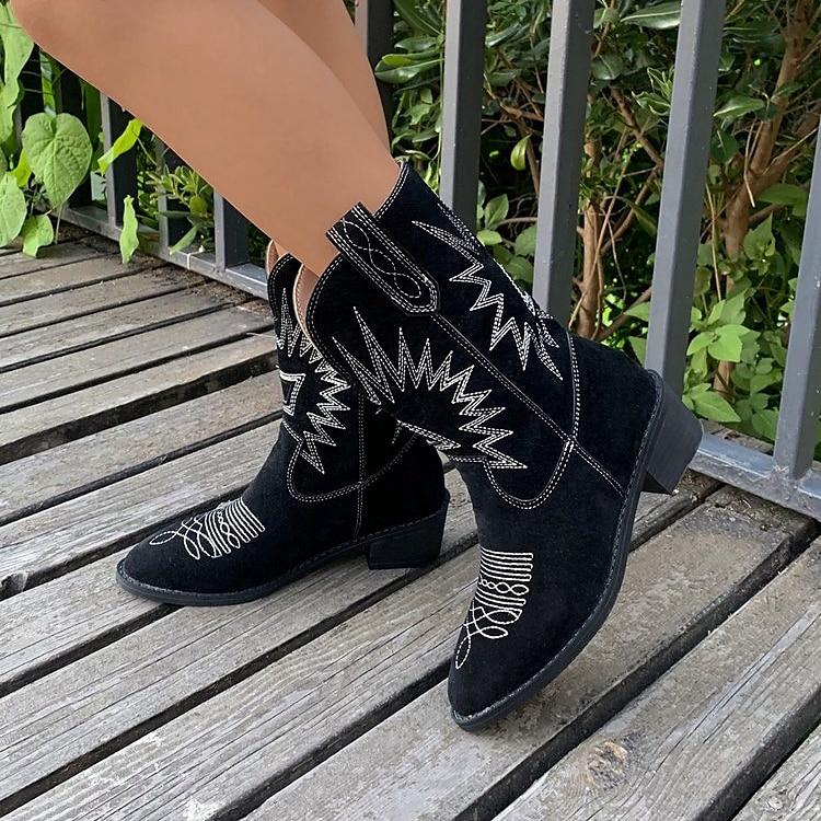 Women's Boots Cowboy Boots Plus Size Cowgirl Boots Outdoor Daily Solid Color Mid Calf Boots Winter Embroidery Block Heel Pointed Toe Vintage Fashion Casual Suede Loafer Black Khaki 2024 - $48.99 –P3