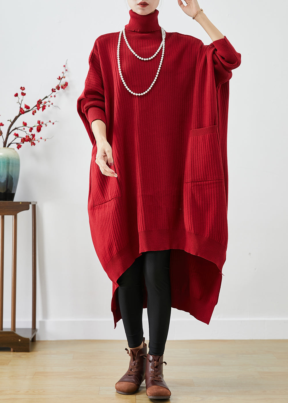 Red Oversized Knit Sweater Dress Turtle Neck Asymmetrical Batwing Slee