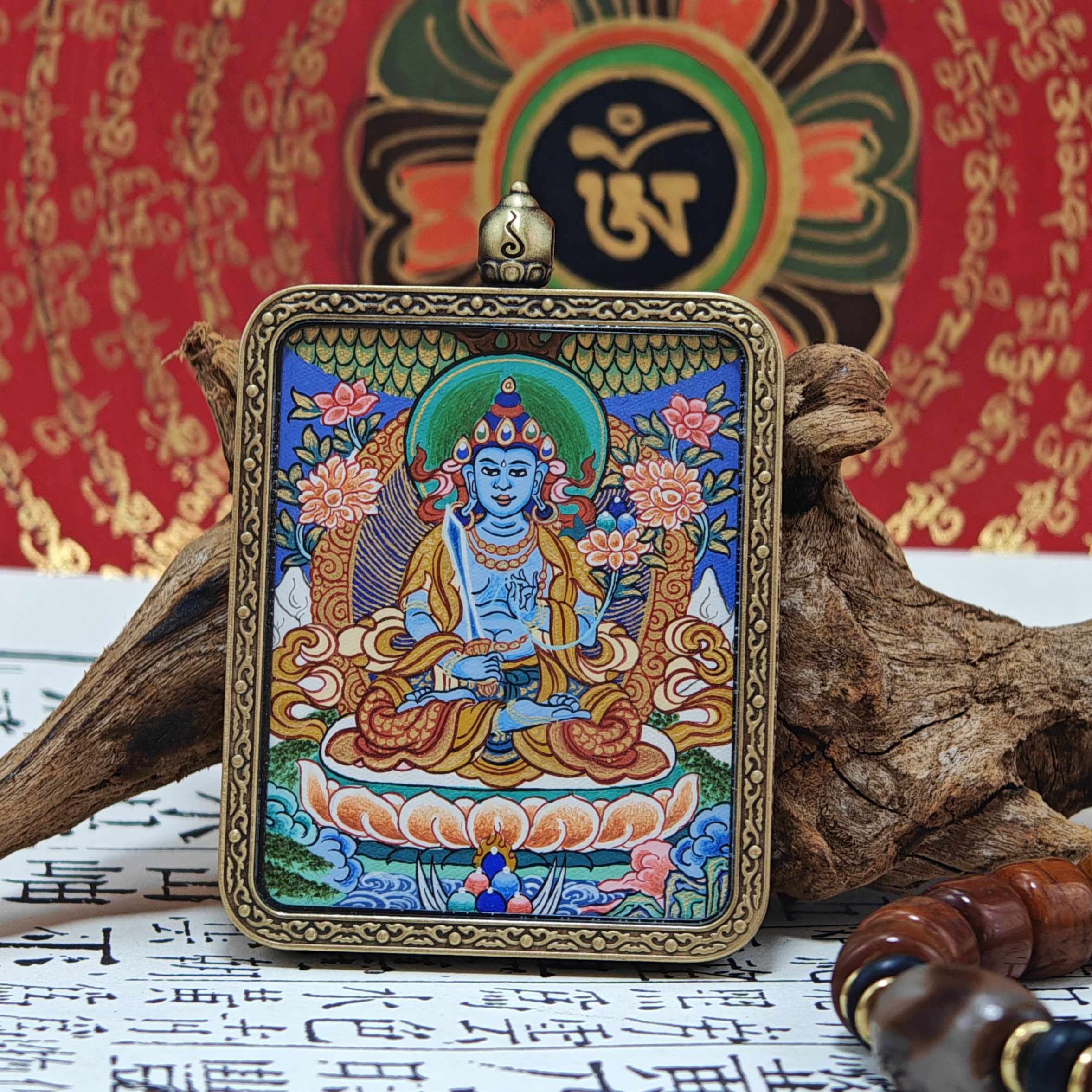 Akasagarbha Bodhisattva Mastercrafted Thangka Pendant: Guardian Deity of the Zodiac Ox and Tiger-TibetanBless