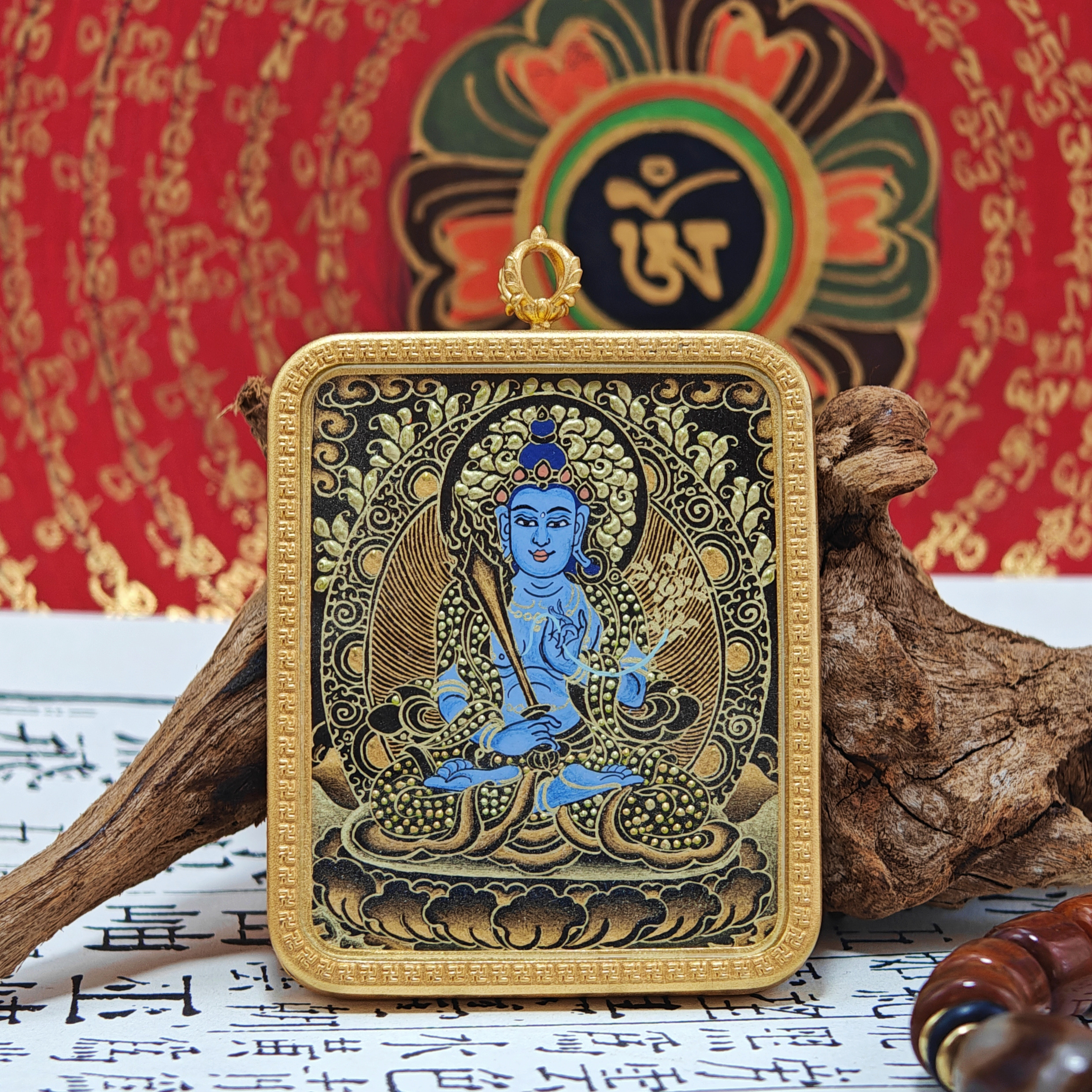 Akasagarbha Bodhisattva Mastercrafted Thangka Pendant: Guardian Deity of the Zodiac Ox and Tiger-TibetanBless