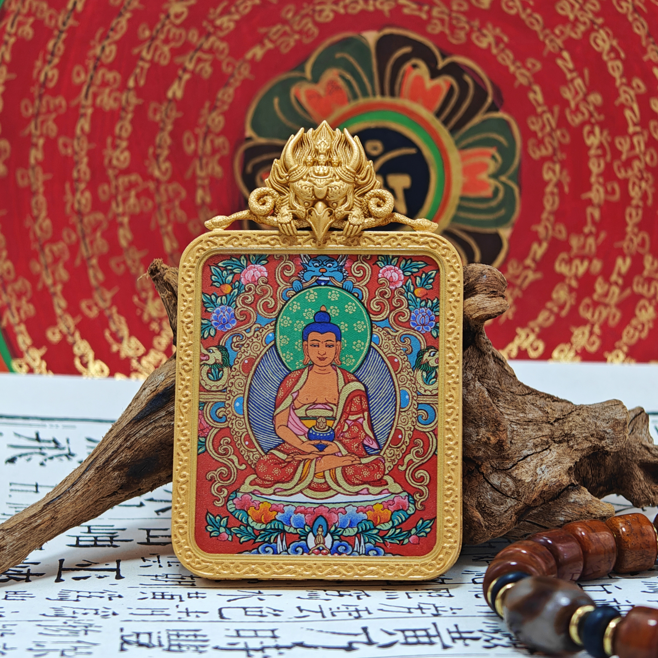 Amitabha Buddha Mastercrafted Thangka Pendant: Divine Guardian of the Zodiac Dog and Pig-TibetanBless