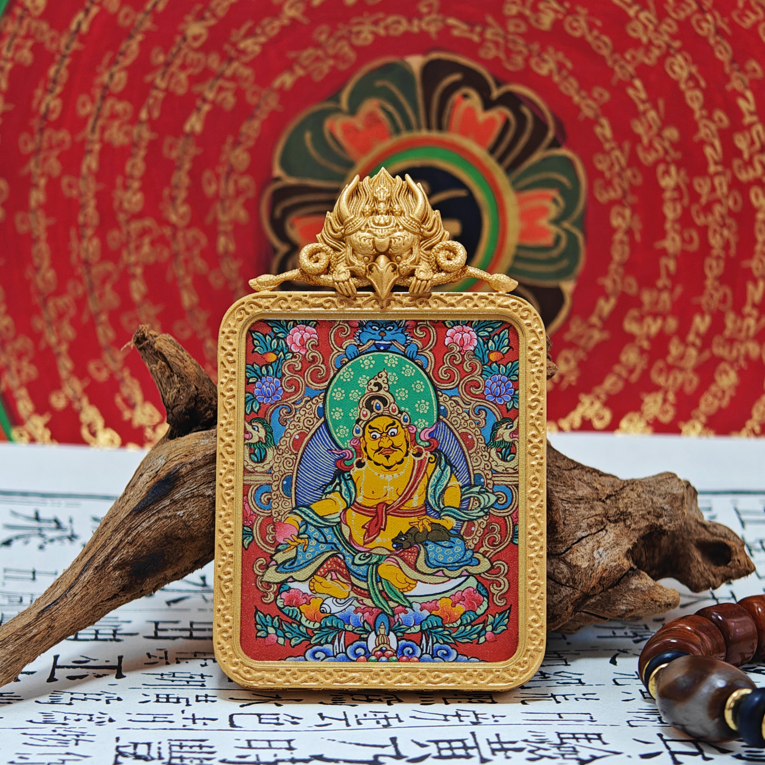Yellow Jambhala Mastercrafted Thangka Pendant: The Strongest God of Wealth-TibetanBless