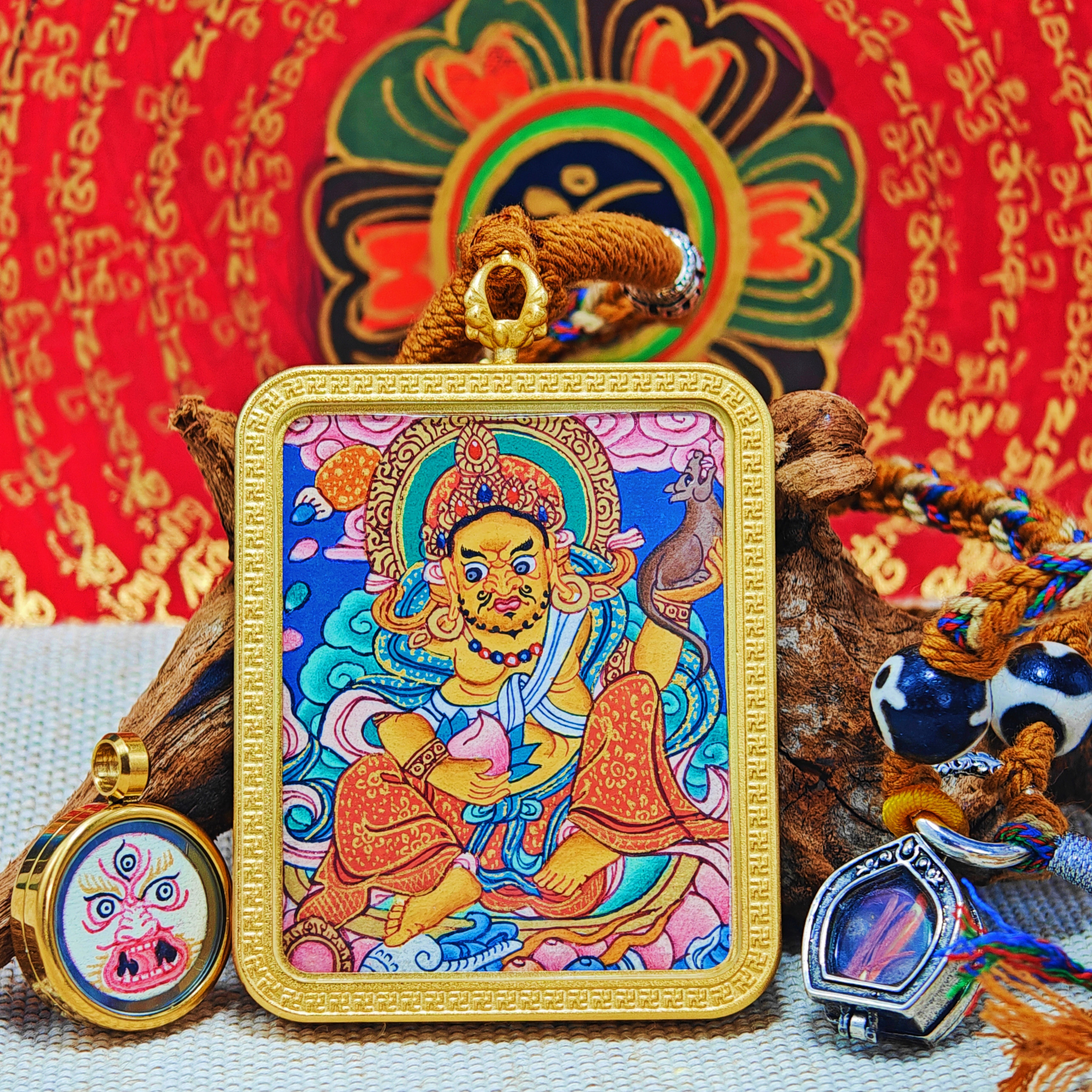 Five Ways Jambhala Thangka Pendant: Gods of Wealth-TibetanBless