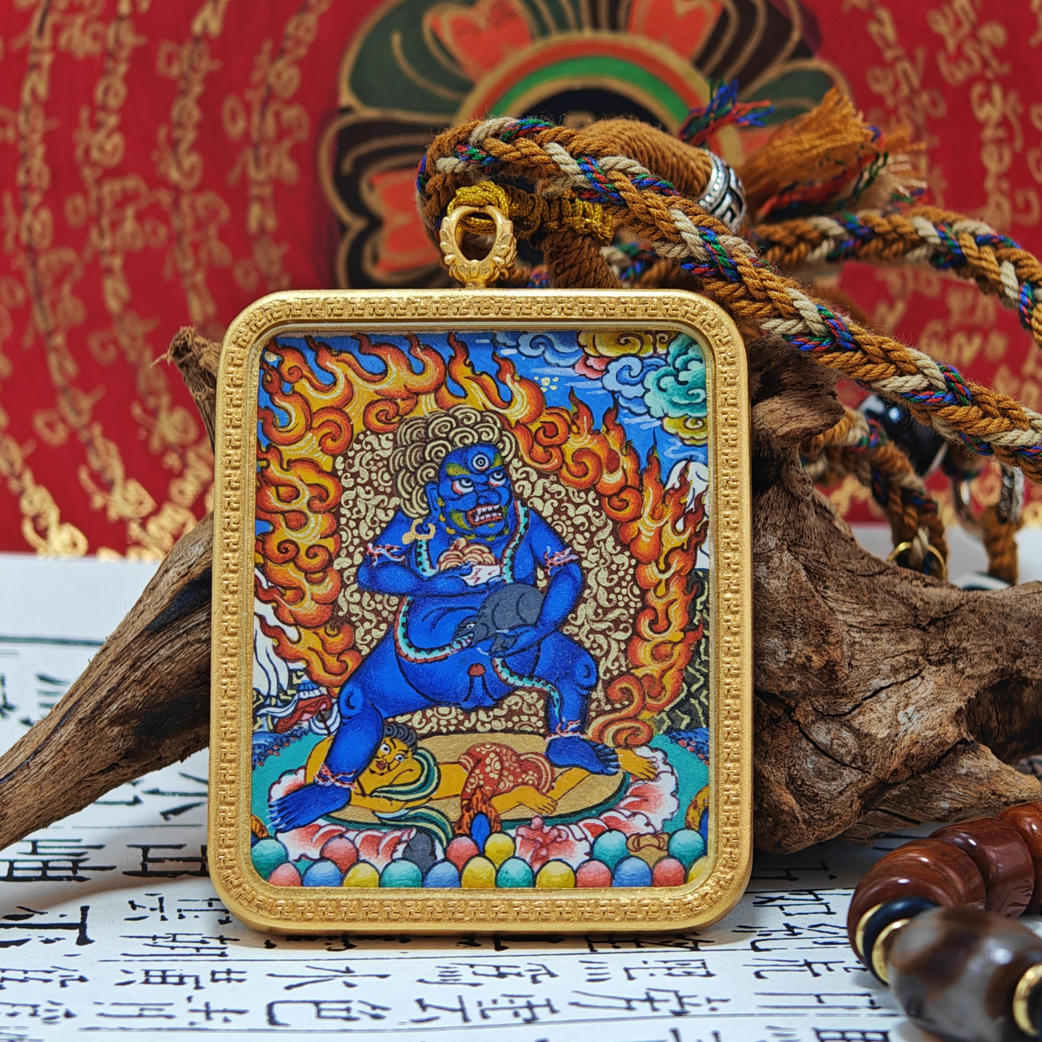 Black Jambhala Mastercrafted Thangka Pendant: Avatar of Swift Wealth and Protection-TibetanBless