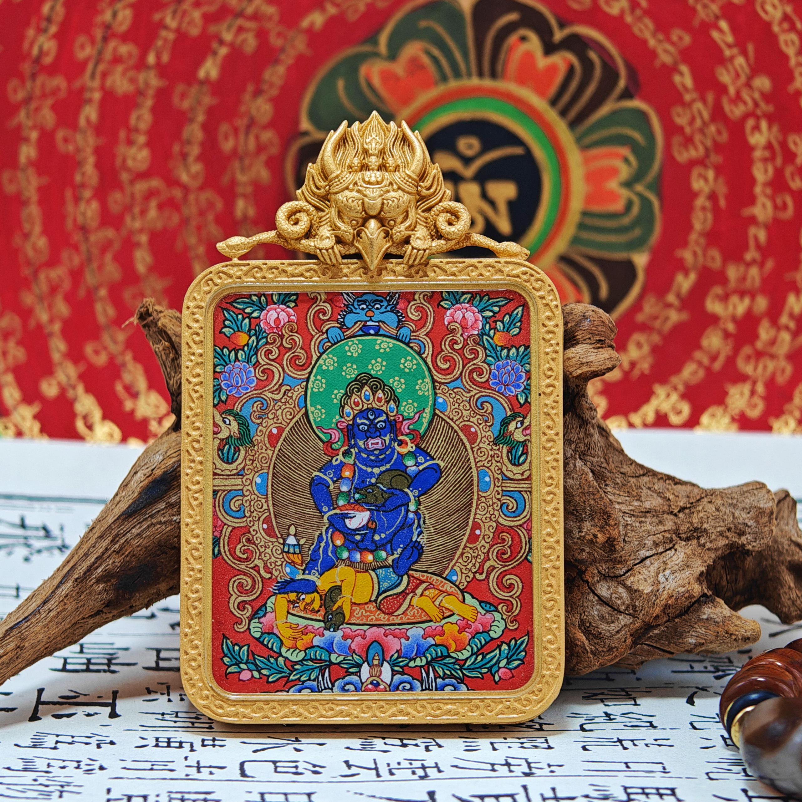 Black Jambhala Mastercrafted Thangka Pendant: Avatar of Swift Wealth and Protection-TibetanBless