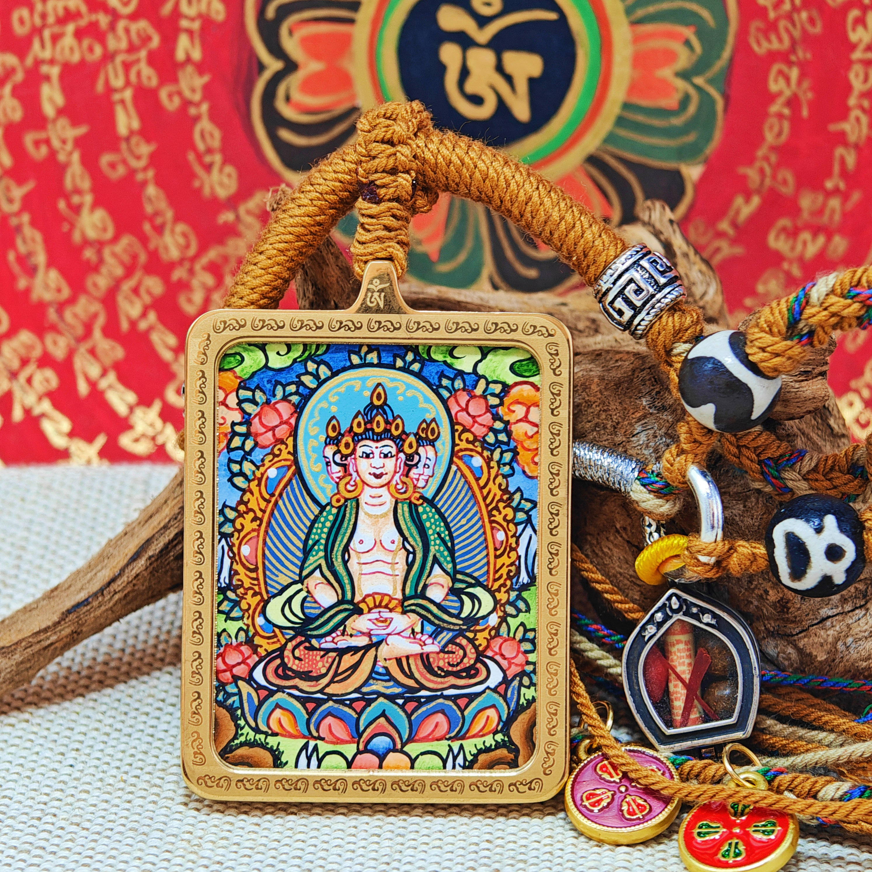 Vairocana Buddha Thangka Pendant: Guardian Deity of the Zodiac Sheep and Monkey-TibetanBless