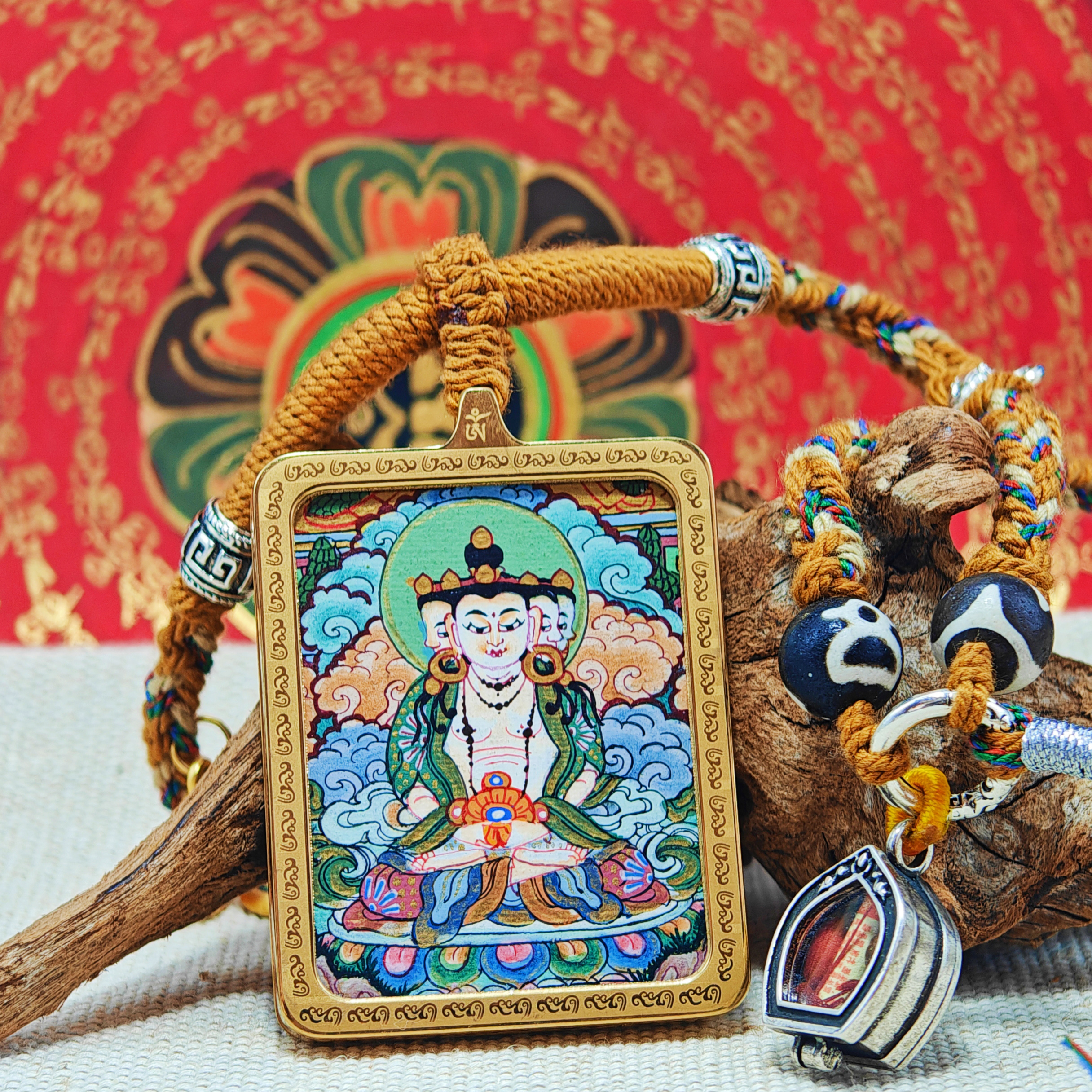 Vairocana Buddha Thangka Pendant: Guardian Deity of the Zodiac Sheep and Monkey-TibetanBless