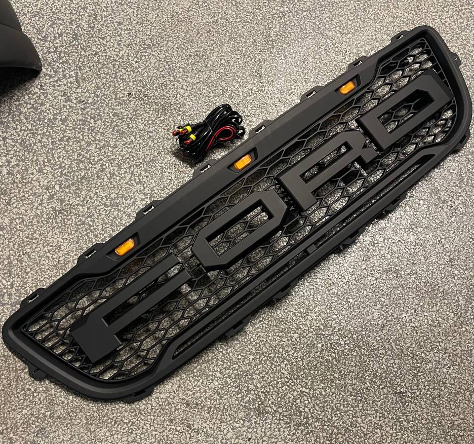For Ford F150 1999-2003 Grill Raptor Style Front Grille W/Letter & Amber Led Light Matte Black