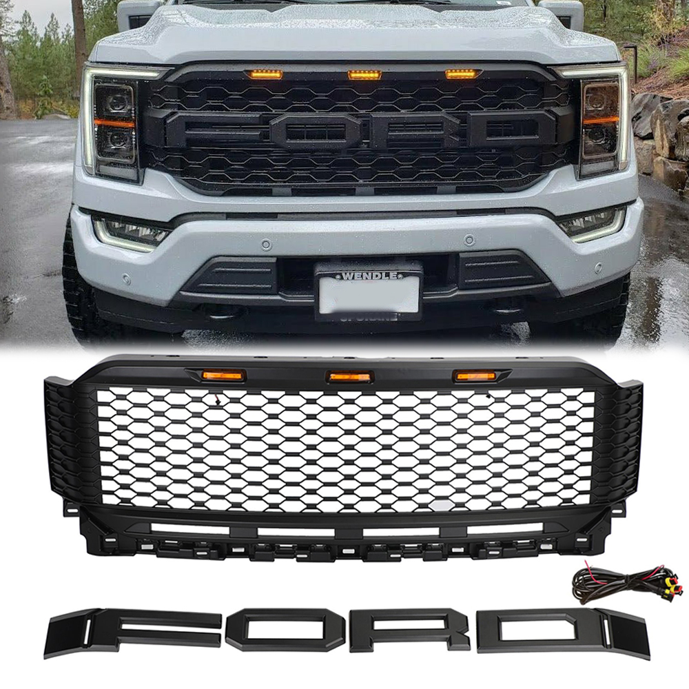 Front Grill For 2021 2022 2023 Ford F150 Bumper Grille Raptor Style W/LED Light
