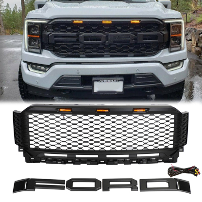 Front Grill For 2021 2022 2023 Ford F150 Bumper Grille Raptor Style W/LED Light