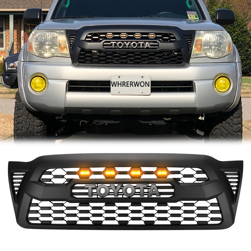 Front Grille For Toyota Tacoma 2005-2011 Grill Mesh w/LED Lights w/Letter Matte Black