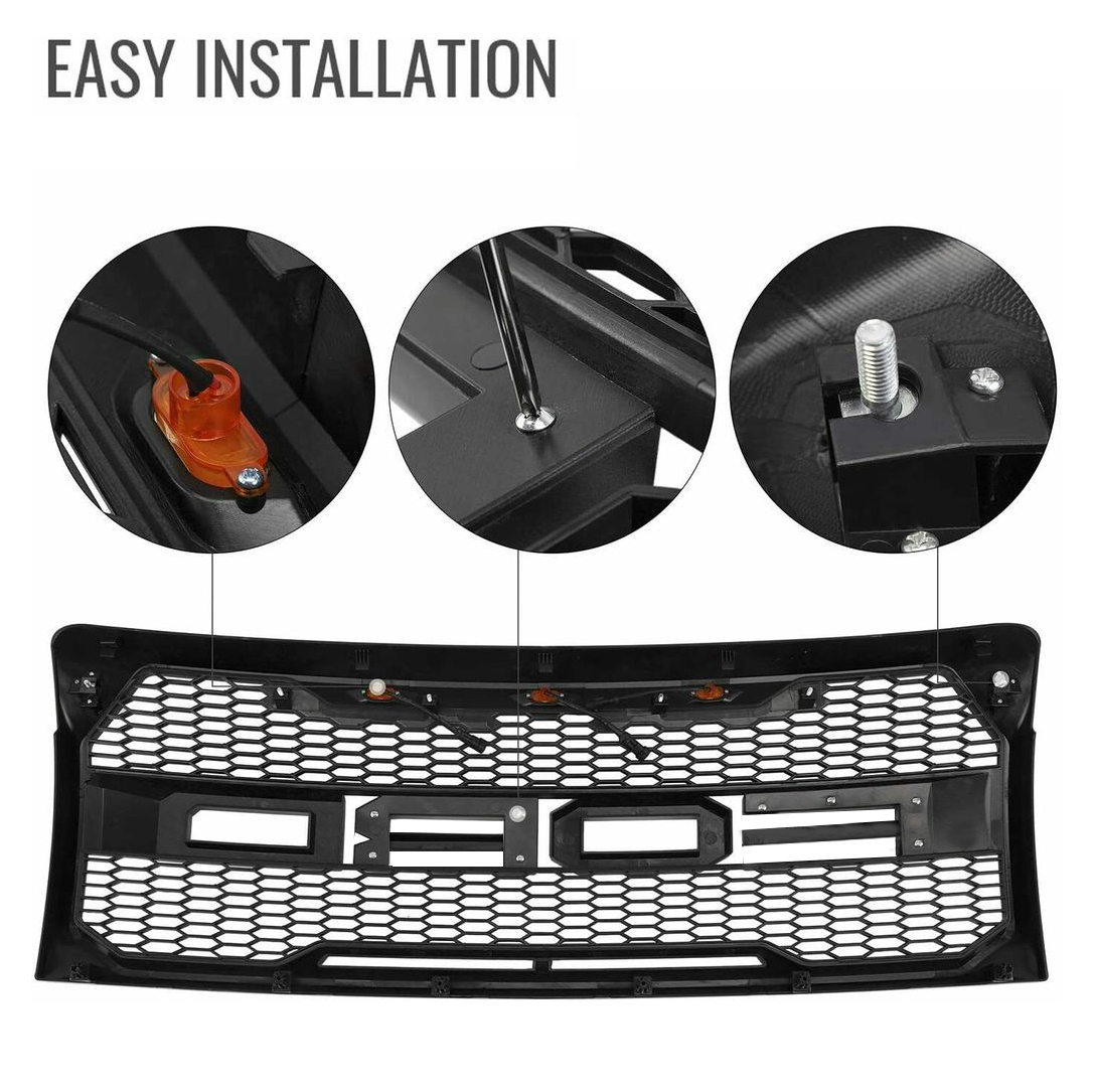 Front Grille For 2009-2014 Ford F150 Raptor Style Grill with Amber LED Light Glossy Black