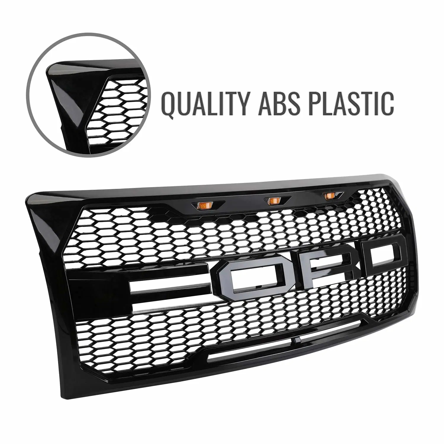 Front Grille For 2009-2014 Ford F150 Raptor Style Grill with Amber LED Light Glossy Black