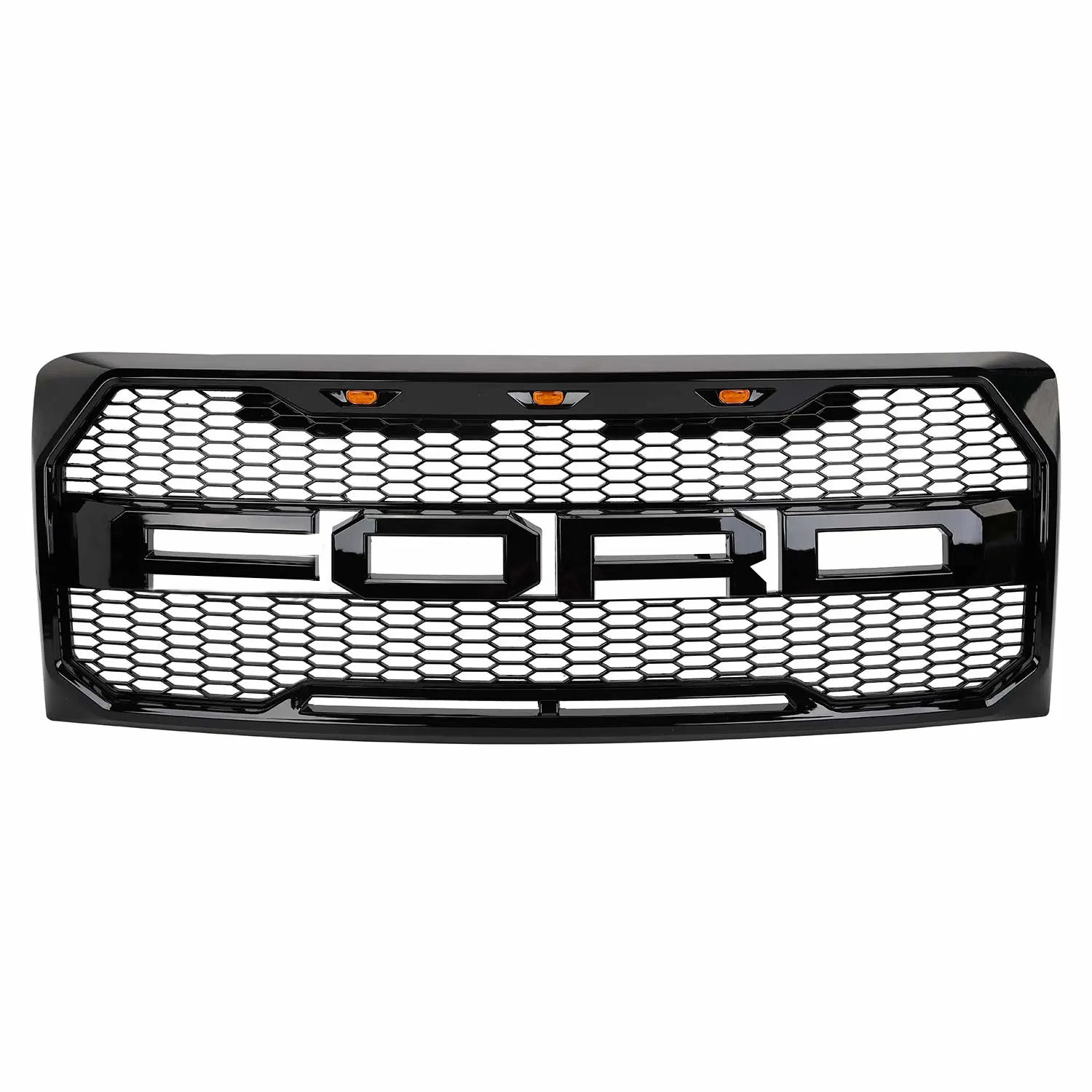 Front Grille For 2009-2014 Ford F150 Raptor Style Grill with Amber LED Light Glossy Black