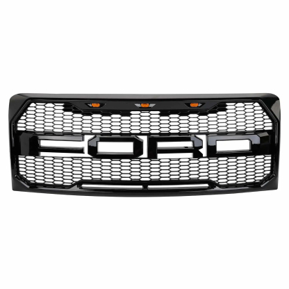 Front Grille For 2009-2014 Ford F150 Raptor Style Grill with Amber LED Light Glossy Black