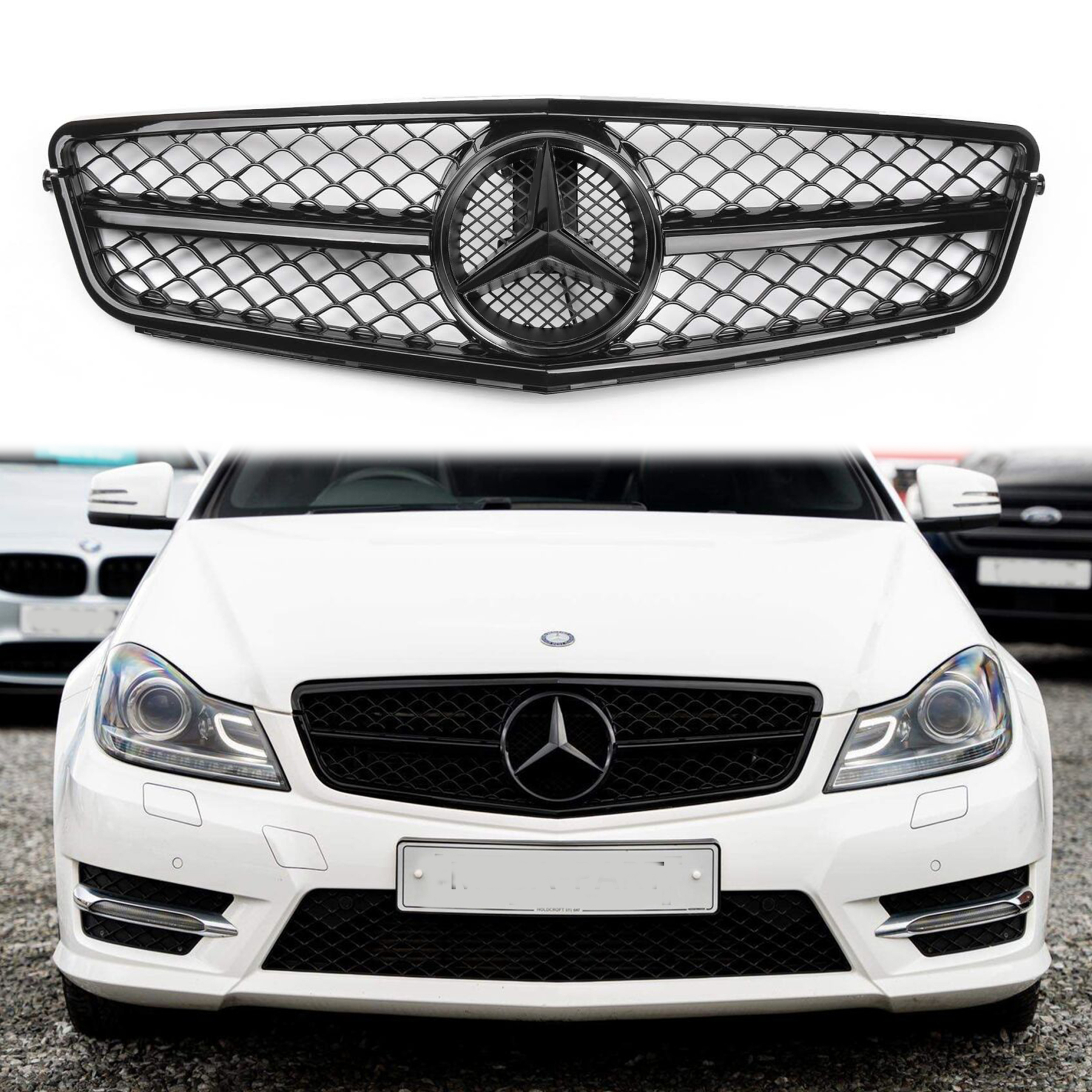 Gloss Black Grill Front Grille w/Emblem For Mercedes Benz W204 C250 C350 2008-2013