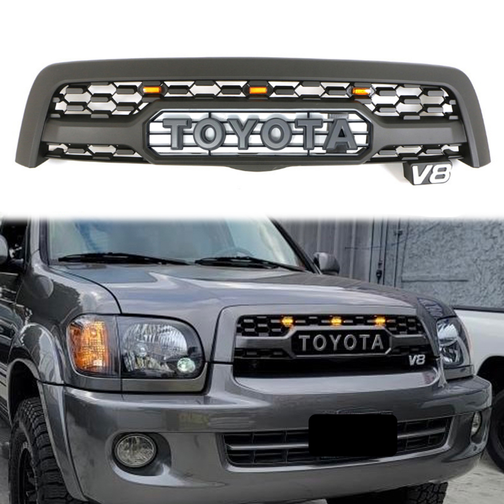 For 2005 2006 2007 Toyota Sequoia Front Grill Grille Matte Black Mesh With Letters & LED Lights