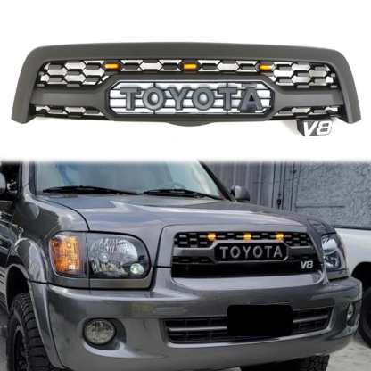 For 2005 2006 2007 Toyota Sequoia Front Grill Grille Matte Black Mesh With Letters & LED Lights