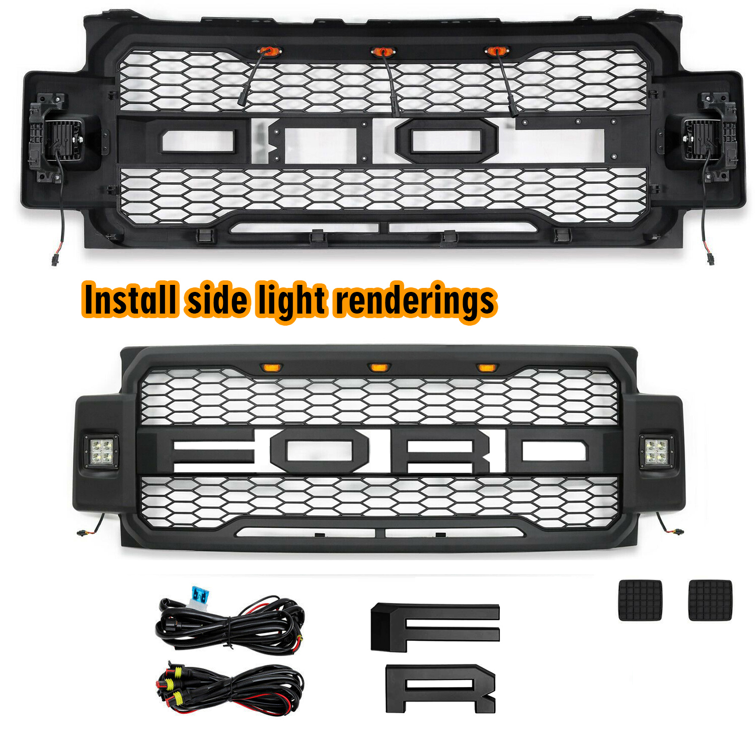 For 2017-2019 Ford F250 F350 F450 F550 Super Duty Grill Raptor Style Front Grille With Light Matte Black