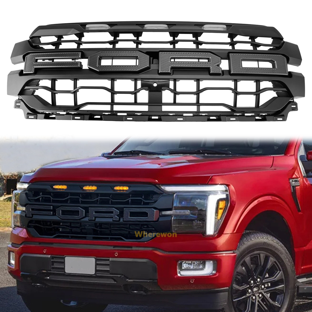 For 2024-2025 Ford F150 Lariat King Ranch Platinum Grill Upgrade Raptor Style Front Grille With LED Light & Letter
