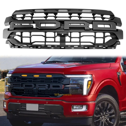 For 2024-2025 Ford F150 Lariat King Ranch Platinum Grill Upgrade Raptor Style Front Grille With LED Light & Letter