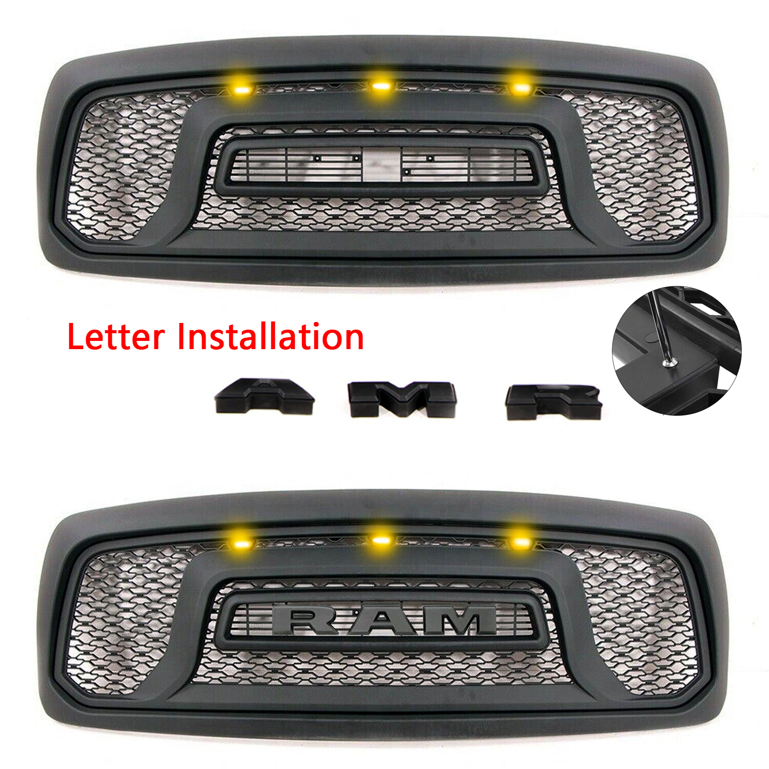 Front Grille For 2002-2005 Dodge RAM 1500 Rebel Style Grill w/ Letters & LED Light Matte Black