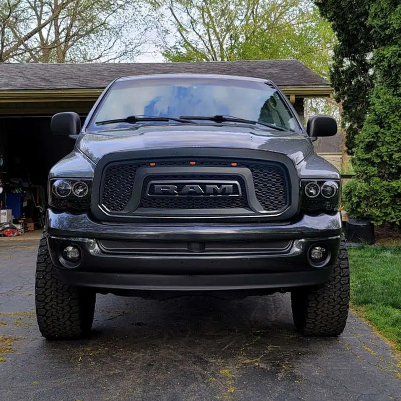 Front Grille For 2002-2005 Dodge RAM 1500 Rebel Style Grill w/ Letters & LED Light Matte Black